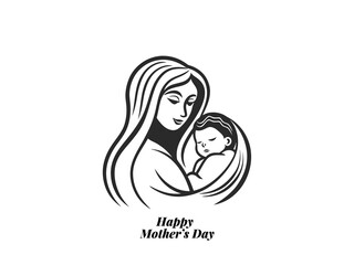 Happy Mother's Day Vector – Loving Mom Holding Baby Minimalist Line Art Illustration for Cards & Posters.
