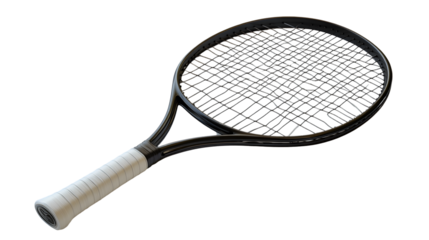 A sleek tennis racket with a black frame and white grip ideal for sports enthusiasts and equip