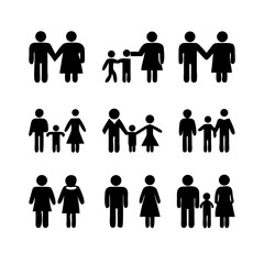 a set of icons depicting human figures, men, women, children, families, adults, families with children, the elderly, people in a wheelchair, with vision problems, health, flat vector illustration
