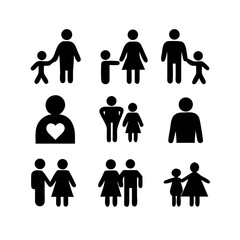 a set of icons depicting human figures, men, women, children, families, adults, families with children, the elderly, people in a wheelchair, with vision problems, health, flat vector illustration
