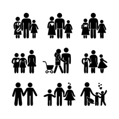 a set of icons depicting human figures, men, women, children, families, adults, families with children, the elderly, people in a wheelchair, with vision problems, health, flat vector illustration
