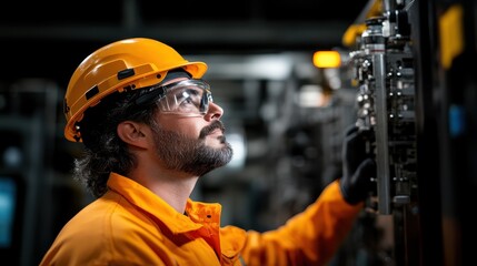 A technician wearing safety gear attentively adjusts an industrial control panel, highlighting the importance of skilled labor in maintaining modern machinery and systems.