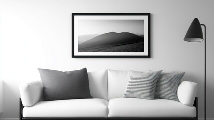 Minimalist interior with black and white landscape photography