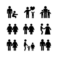 a set of icons depicting human figures, men, women, children, families, adults, families with children, the elderly, people in a wheelchair, with vision problems, health, flat vector illustration
