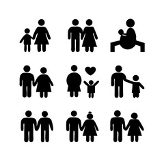 a set of icons depicting human figures, men, women, children, families, adults, families with children, the elderly, people in a wheelchair, with vision problems, health, flat vector illustration
