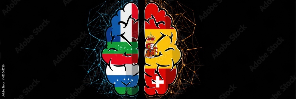 Poster AI Brain Models Divided Into Competing Halves Featuring Different Country Logos to Symbolize Global Innovation Generative AI