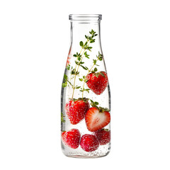 Glass Bottle with Water and Strawberries Isolated on Transparent Background
