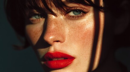 Close-up portrait of a woman with bright red lips
