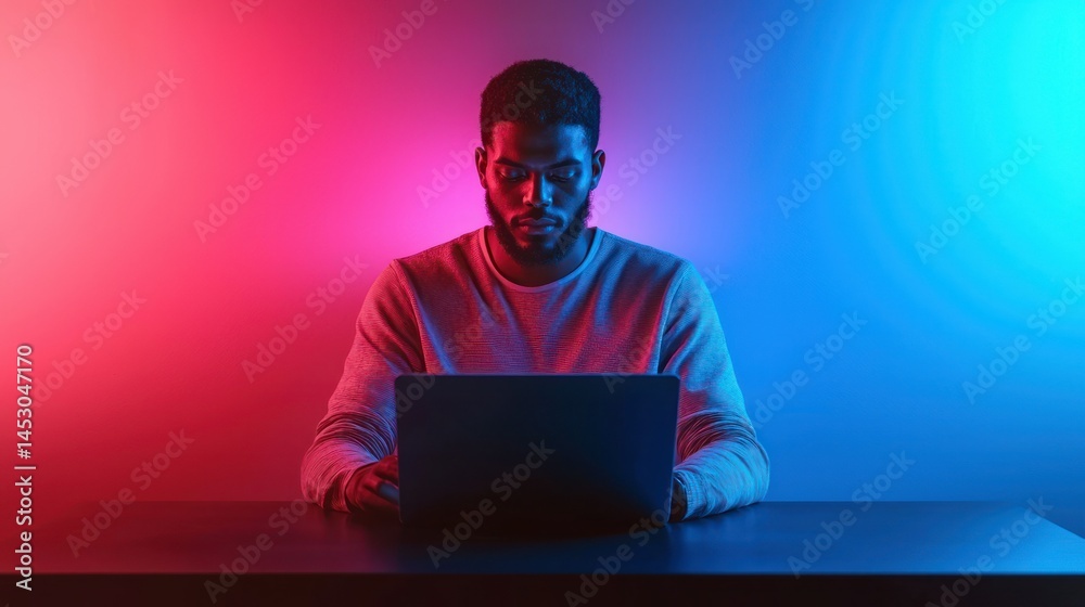 Wall mural man intensely using laptop with colorful backlight