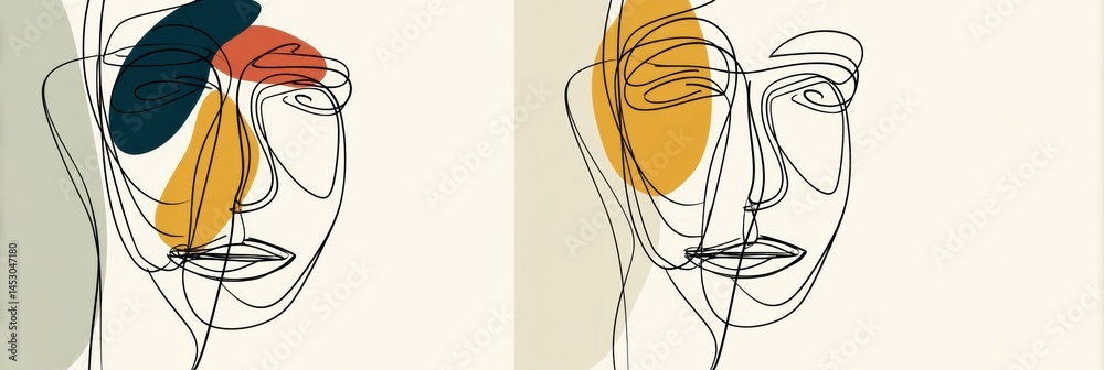Aufkleber Continuous Line Portrait Showcasing Abstract Curves of a Mans Face in Modern Art Style With Vibrant Colors Generative AI