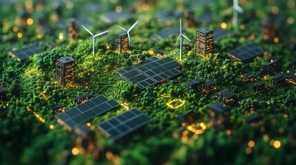 Miniature model showcasing renewable energy city with solar panels, wind turbines, and illuminated buildings, energy transition solution on a transparent background, PNG image, PNG file.