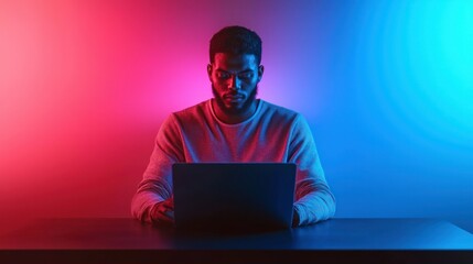 Man intensely using laptop with colorful backlight