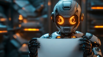 Futuristic Robot Holding a Blank Sign in a HighTech Environment Ideal for Technology and Inno