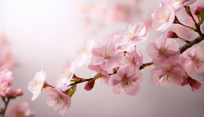 a delicate cherry blossom branch with soft pink flowers against a light background evoking springtime tranquility and beauty