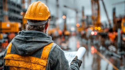 Construction Worker in Rainy Conditions Wearing Safety Gear and Holding Blueprints