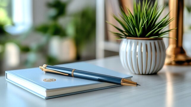 Blue journal with luxury ballpoint pen atop, accompanied by potted plant, on a bright surface, capturing a serene moment on a transparent background, PNG image, PNG file.