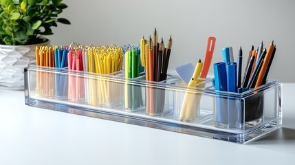 Assorted colorful pens and pencils arranged in clear transparent organizer with dividers on white table, indoors still life office supply display on a transparent background, PNG image, PNG file.