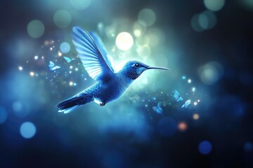 A vibrant blue hummingbird in flight, surrounded by magical butterflies and soft bokeh.