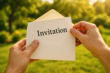 Hands opening invitation card in a sunny garden