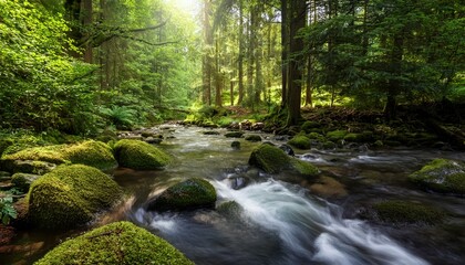 Obraz premium tranquil forest stream with lush greenery