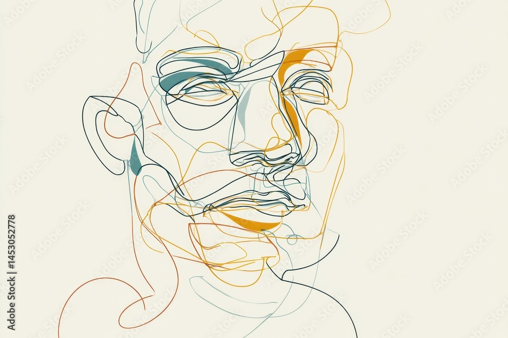 Poster Continuous Line Portrait of a Mans Face Featuring Abstract Curves and Intricate Details in a Minimalist Style Generative AI