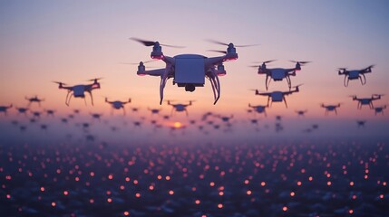 Fleet of Drones Flying at Sunset with Illuminated Lights Below Ideal for Technology and Innova