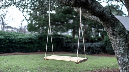 Rustic Wooden Tree Swing Hanging Outdoors in Backyard