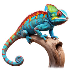 Obraz premium Blue and orange chameleon perched on a branch. Suitable for reptile related designs, nature themed projects, and vibrant color concepts.