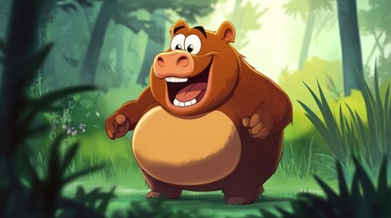 Cheerful cartoon bear in a lush forest