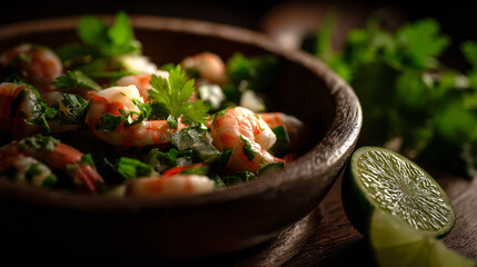 A refreshing runt ceviche served in a rustic bowl, complemented by lime wedges for added piquantness