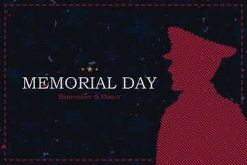 Memorial Day banner with soldier against a starry background with the message Remember and Honor.