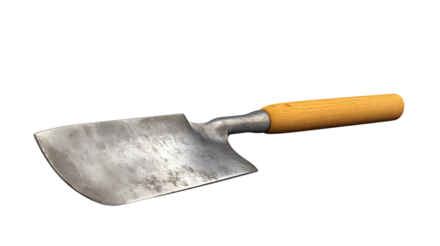 A wellused metal trowel with a wooden handle ideal for gardening and construction projects