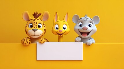 Fototapeta premium Cute animal cartoon characters holding a blank sign