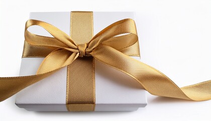 white gift box with golden ribbon bow isolated on white background