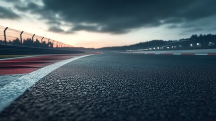 Empty Racetrack at Dusk with Illuminated Stands Ready for Race

