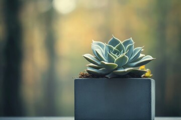 A succulent plant in a teal pot, bathed in soft, natural light against a blurred background.