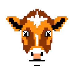 Pixel art of a brown and white cow suitable for farm themed designs, rural illustrations, children's books, and agriculturerelated projects.