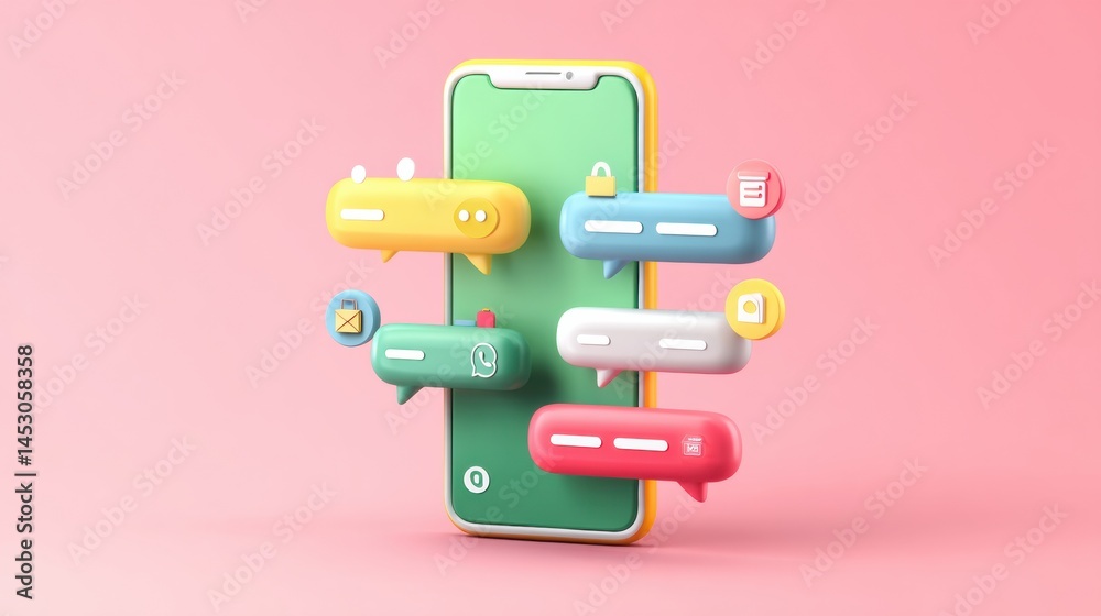 Poster Chatbot Interacting With Customer on Phone Through Colorful and Engaging User Interface With Various Messaging Icons Generative AI