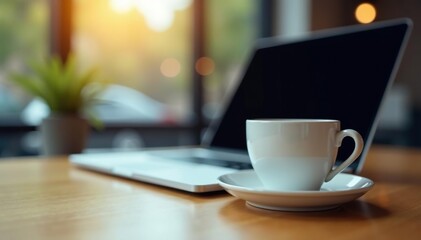 Empty coffee cup and laptop, blurred background , evening, shadow