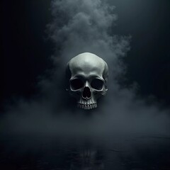 A skull hovers in a dark, foggy space above a glossy black floor. Mysterious mist swirls around, creating an unsettling and atmospheric feeling. Generative AI