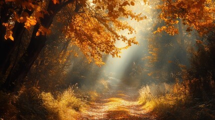 Autumnal Path: Sunbeams Illuminating a Mystical Forest Trail