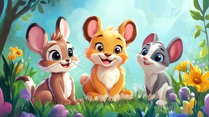 Cute animals in a garden setting