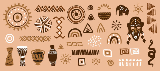 African ethnic tribal symbols set. Bohemian abstract shapes collection