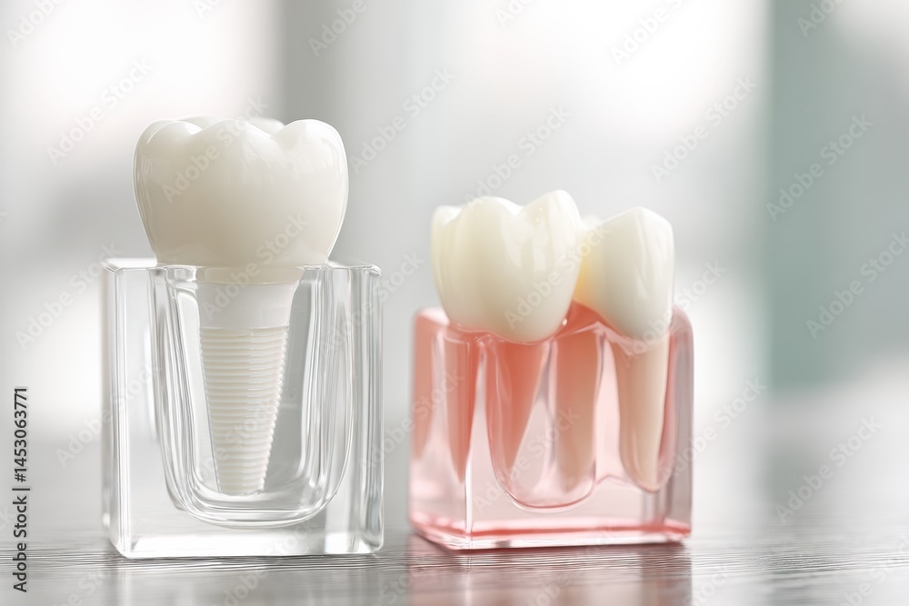 Poster close-up view of a clean white dental implant alongside a natural tooth model in a transparent gum s