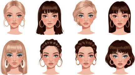 set of Face glamorous girl, flat vector set silhouette