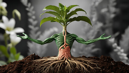 Human-Plant Hybrid Concept – Surreal Anatomy Merged with Nature and Roots