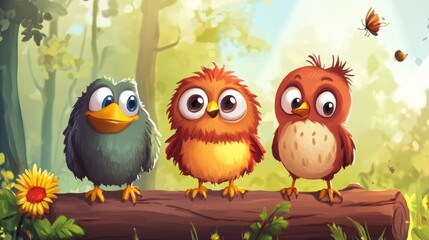 Obraz premium Cute birds on a log in a forest