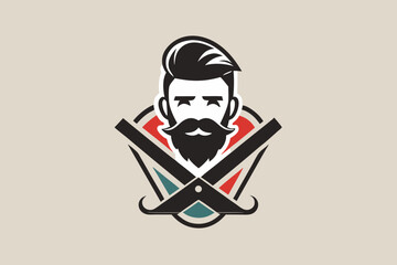 Stylish Barbershop Logo Design with Bearded Man and Crossed Razors