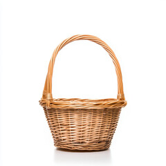 A charming wicker basket, beautifully crafted and perfect for storage or decoration against a clean white backdrop.