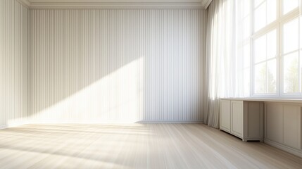 Empty room with striped wallpaper and sunlight